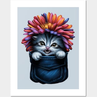 Peeking Cat In Pocket Cute Kitten With Daisy Flower On Head Posters and Art